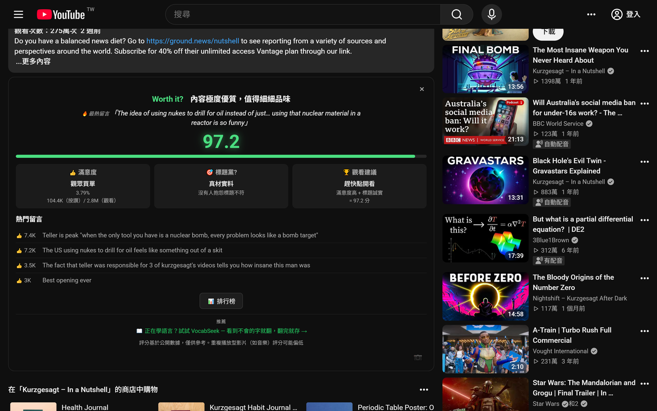 Worth it? panel on a YouTube video showing a 97.2 score